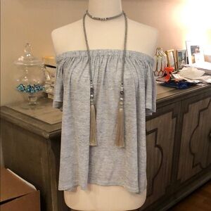 Joy Joy Gray Ruffled Relaxed Blouses off the shoulder